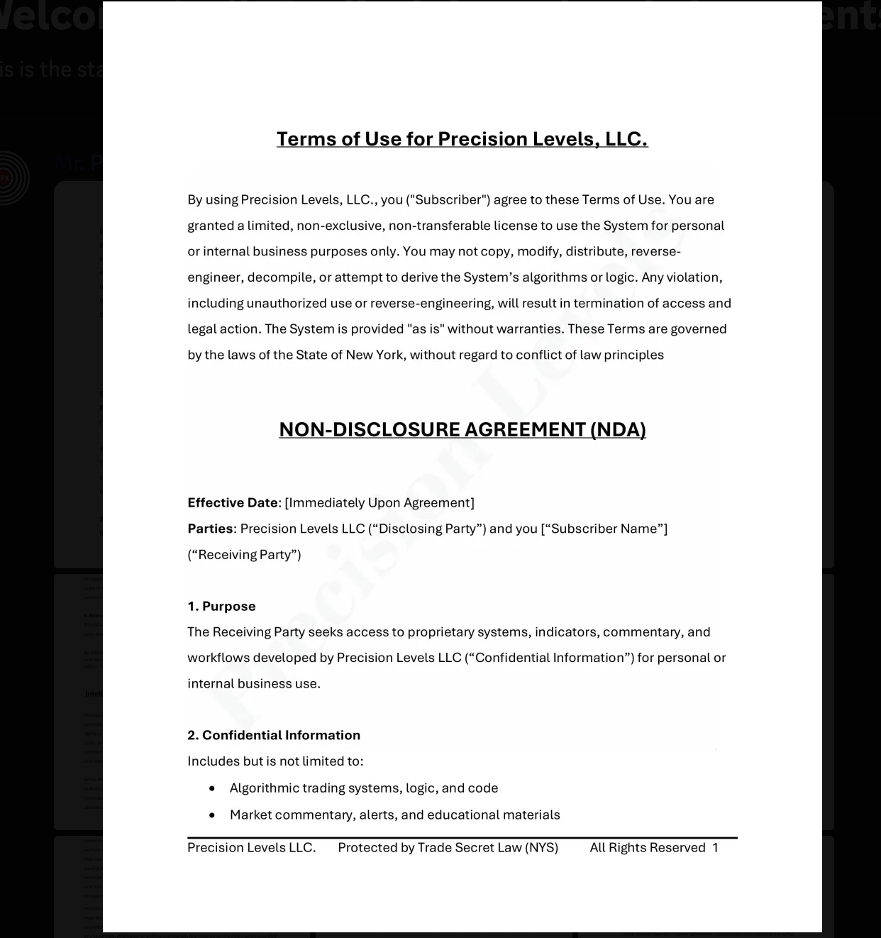 Precision Levels legal document — page 1 of 8: Terms of Use